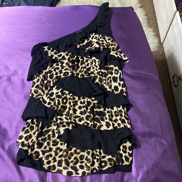 Leopard and black. One shoulder tank top. Frilly/flowy. - Picture 1 of 1